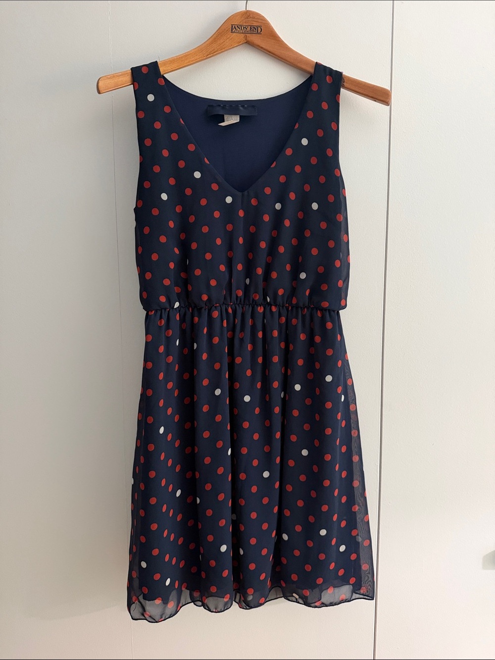 Source Unknown Navy Sleeveless Mini Dress with Red & White Polka Dots